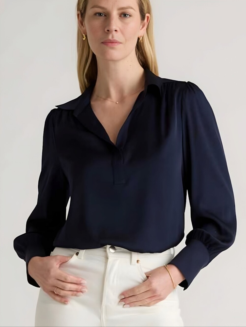 Quince Silk Deep Blue Navy Long Sleeve Top, S